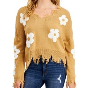 Just Polly Distressed Flower Cropped Sweater Brown White Slouchy Size XL